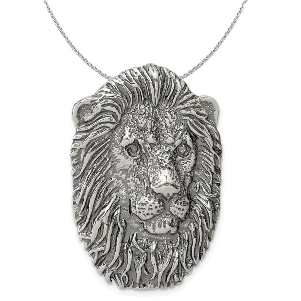Sterling Silver Large Antiqued Lion's Head Necklace - 16 inch